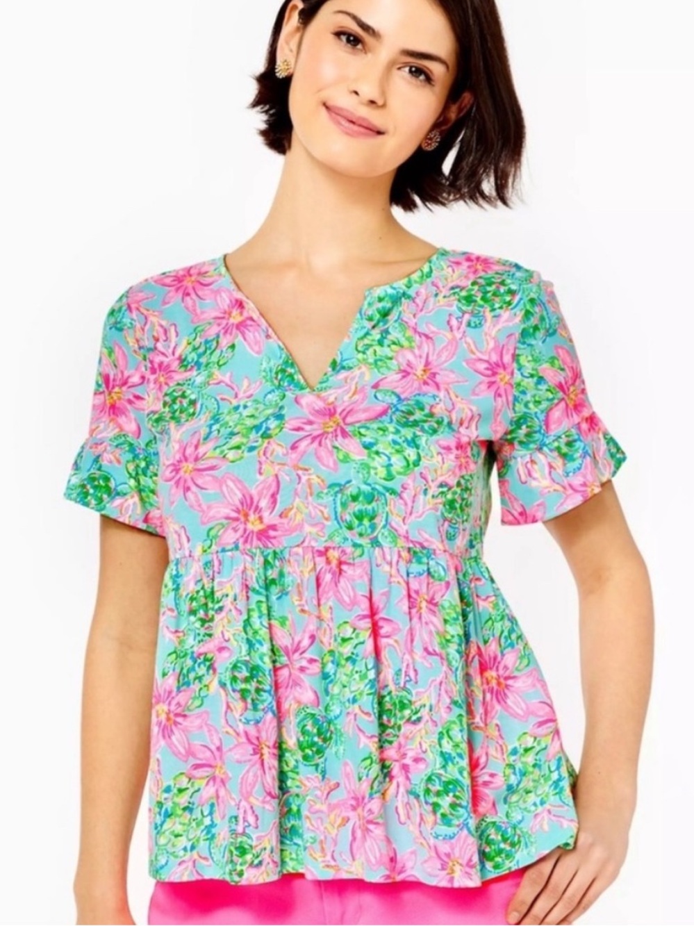 Lilly Pulitzer Jodee Swing Top Floral V-Neck Ruffle Sleeve Top Pink and Green